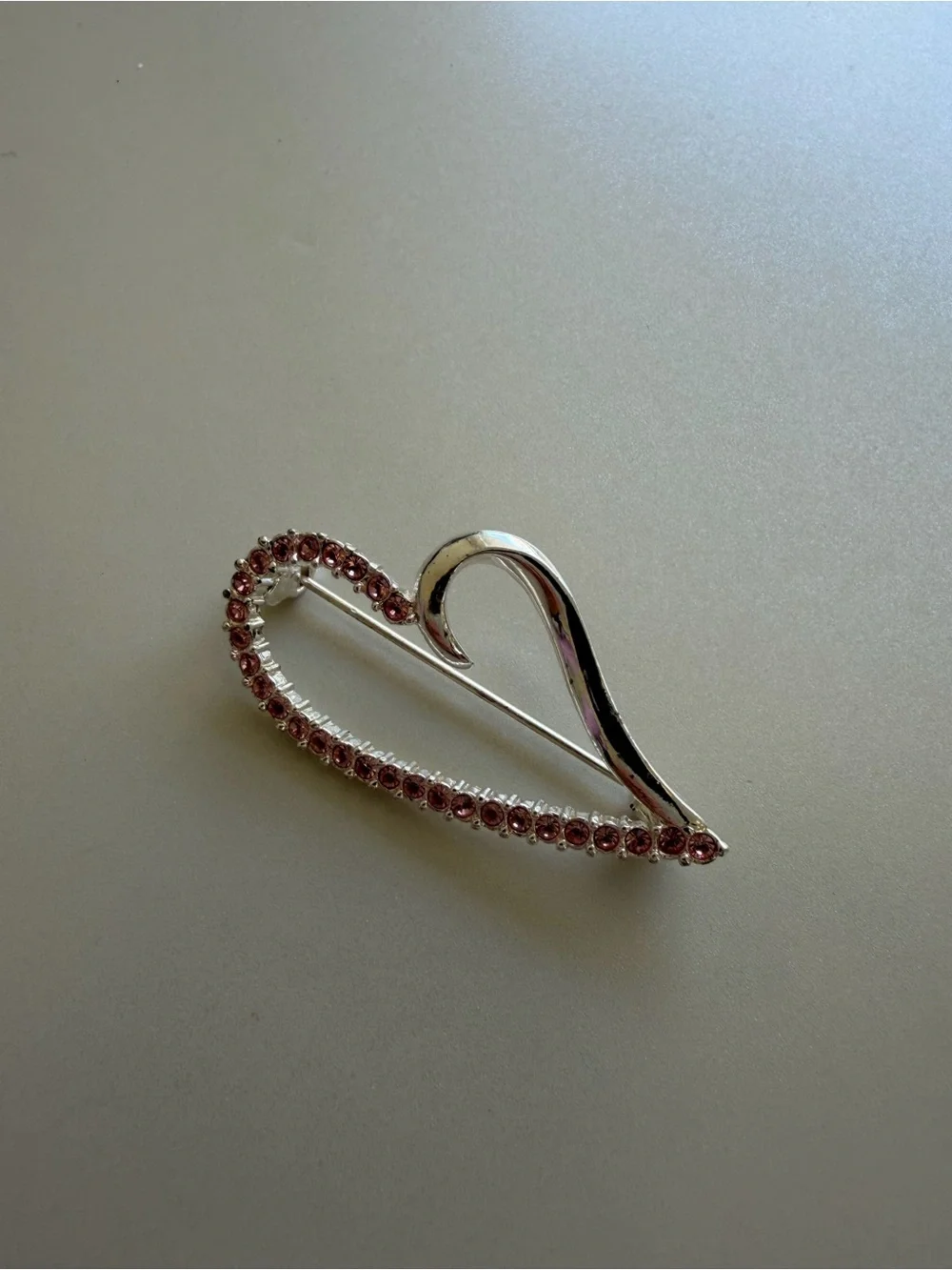 Roman Signed Silver Heart Brooch with Pink Crystal Accents